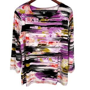 JM Collection Large Black Purple Stretchy 3/4 Sleeve Tropical Blouse Shirt Top